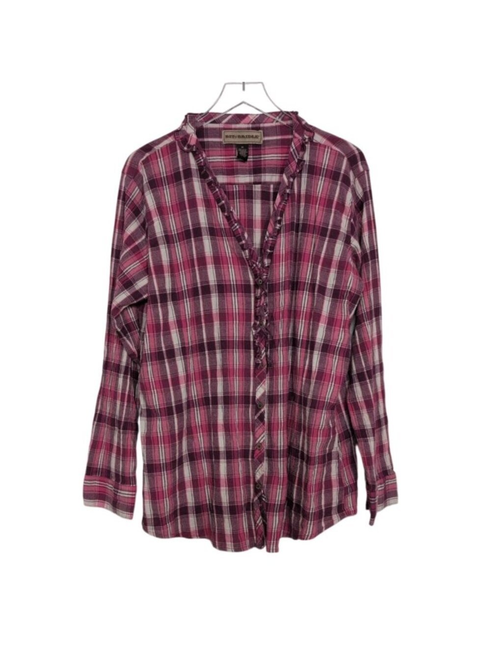 Bit & Bridle Plaid Shirt Womens Plus Size 3X Pink Western Ruffle V Neck Cowgirl